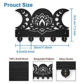 MAYJOYDIY Triple Moon Lotus Flower Key Holder for Wall 11.8x7.3inch Wooden Lotus Moon Phase Key Rack Magic Theme Coat Hat Hook 5 Alloy Hooks for Gift Entryway Front Door Hallway Wall Art Decor