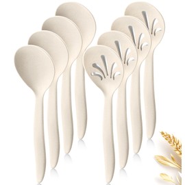 Raypard 8 Pack 10" Large Reusable Plastic Wheat Straw Serving Spoon Set, 4 Serving Spoons & 4 Slotted Spoons, Kitchen Mixing Serving Spoon for Buffet Chafing Dish Catering (Khaki, Not for Cooking)