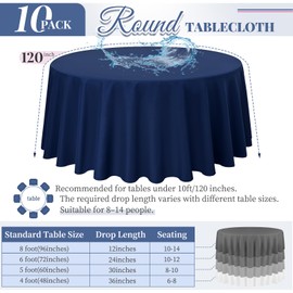 Pesonlook 10 Pack Navy Blue Round Tablecloth 120 Inch, Waterproof