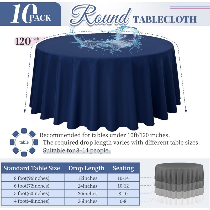 Pesonlook 10 Pack Navy Blue Round Tablecloth 120 Inch, Waterproof