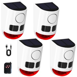 Solar Strobe Light Motion Detector Alarm: Dog Barking and Gunshot Sound, 13 Kinds of Warning Sound Loop Playback, 130db Noise Maker, 4 Working Mode, Waterproof for Home, Farm - USB Charging (4 Pack)