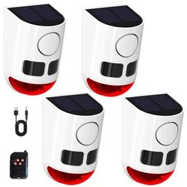 Solar Strobe Light Motion Detector Alarm: Dog Barking and Gunshot Sound, 13 Kinds of Warning Sound Loop Playback, 130db Noise Maker, 4 Working Mode, Waterproof for Home, Farm - USB Charging (4 Pack)