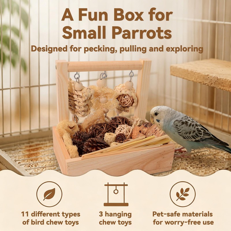 Wooden Bird Parrot Foraging Toys Box with Perch Stand, Cage