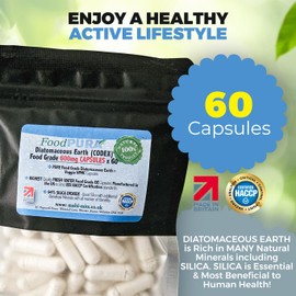 FoodPURA Food Grade Diatomaceous Earth Capsules (Codex) Pure White 94% Silica Fresh Water Sourced 600mg (60)