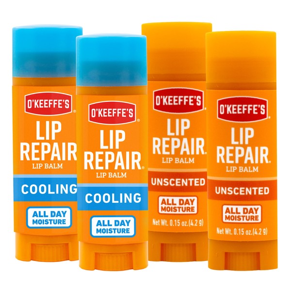 O'Keeffe's Lip Repair Lip Balm for Dry, Cracked Lips, Stick, (Pack of 4: 2 Cooling + 2 Unscented)