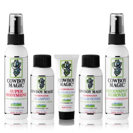 Cowboy Magic Sample Kit – Includes Rosewater Shampoo (2 oz), Rosewater Conditioner (2 oz), Super Bodyshine (3.4 oz), Greenspot Remover (3.4 oz), & Detangler & Shine (1 oz) – Perfect for Travel & Tack