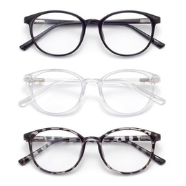 FoxMook 3-Pack Blue Light Blocking Glasses Round Women Men Computer Glasses Anti Eye Strain/UV/Glare Gaming Glasses, Black Gray-Tortoise Transparent