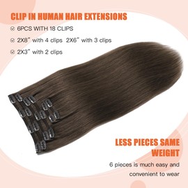 XDhair Clip-In Real Hair Extensions, 120 g, 50 cm, Medium Brown, Remy Clip-In Extensions, Real Hair, Natural Hair, 6 Pieces (#4-20 Inches)
