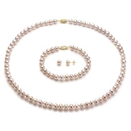 14K Yellow Gold 6-6.5mm Pink Freshwater Cultured Pearl Necklace, Bracelet and Stud Earrings Set