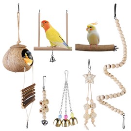 LEKEFETO 7-TLG. Naturholz Vogelspielzeug-Set mit Kletterleiter, Hängematte & Papageienzubehör - Leicht zu installieren für Wellensittiche und Sittiche