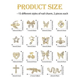 30PCS Gold Nail Charms, Wsimily 3D Y2k Butterfly Nail Charms Alloy Nail Art Rhinestone Shiny Cherry Snake Nail Decorations for DIY Nail Art