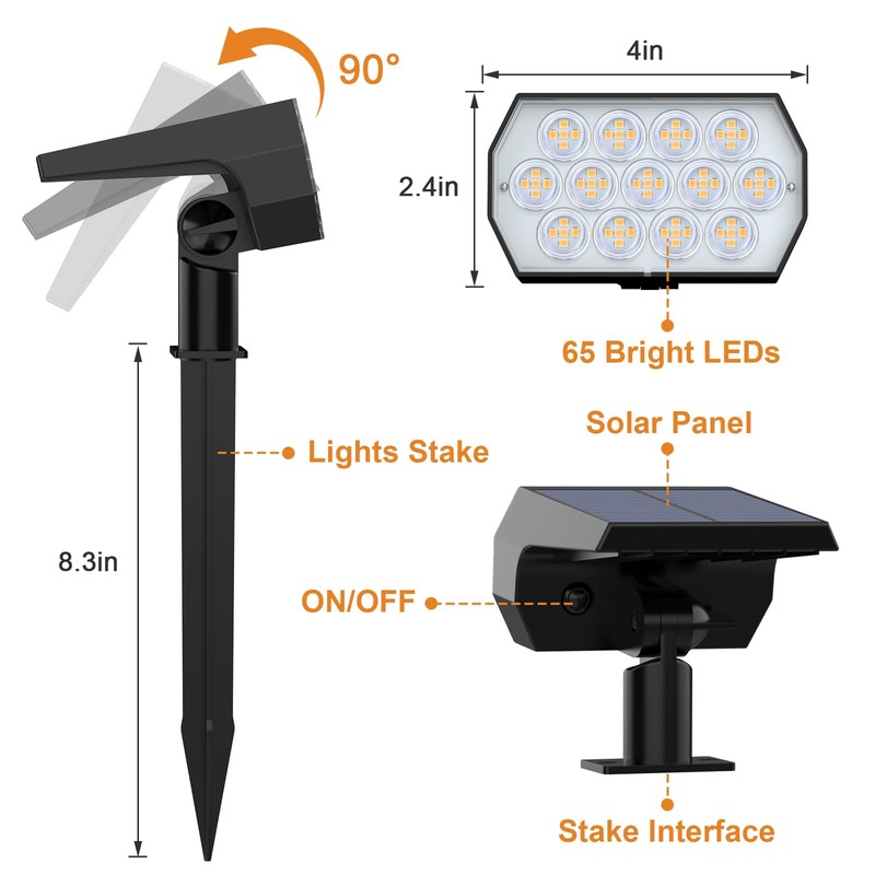 WELALO Solar Spot Lights Outdoor, [6 Pack/65 LED/3 Modes] Solar