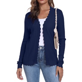 YUNDAI Womens Cardigans Summer Lightweight Cropped Knit Shrugs Solid Color Cardigan for Women UK Long Sleeve Loose Sweater Beach Cover-up, XXL Navy