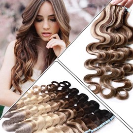 Wavy Rooted Tape in Hair Extensions 100g 40pcs 100% Human Hair Body Wave 16 inch Highlighted Medium Brown & Ash Blonde Long Soft Remy Hair Skin Weft Seamless Invisible Double Side Tape #4&27