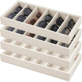 Juexica - Bandeja organizadora de anteojos de sol de terciopelo, 4 piezas, 6 rejillas, bandeja de terciopelo, apilable, vitrina para mujeres, anteojos, joyas, reloj (beige)