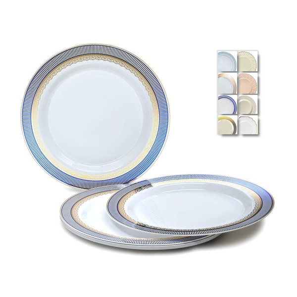 " OCCASIONS " 60 Plates Pack, Heavyweight Disposable Wedding Party Plastic Plates (10.5'' Dinner Plate, Louvre in White/Blue & Gold)