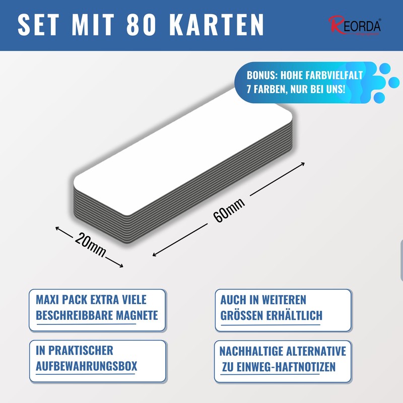 Reorda® Magnetic Strips Writeable – Pack of 80 Rewritable –