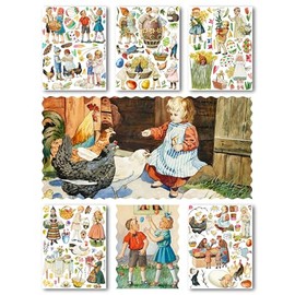 Large Stickers Pack # Country Kids Celebrating Easter HANATABA Vintage Art Deco Styled Wall Laptop Vinyl Stickers Easter