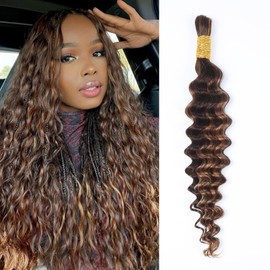 Human Braiding Hair for Boho Braids Highlight Deep Waves Bulk Human Hair for Braiding 35 cm 14 Inches 1 Bundle 50 g P430 Wet and Wavy Curly Ombre Brown Bohemian Hair No Weft Extensions