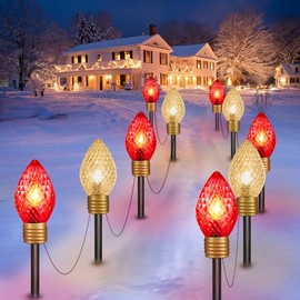 2 Pack Jumbo C9 Christmas Pathway Lights Outdoor - 8.5 Feet 5 Lights C9 Walkway Lights, C7 Lights Covered Jumbo Strawberry Red Light Bulb Christmas Lights Outdoor Decorations for Lawn Outside