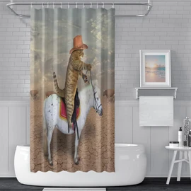 Funny Cowboy Cat Shower Curtain Set 72 X 72 Inch Cute Cat Cowboy Rides A White Horse in The Desert Funny Gifts for Kids Shower Curtain Waterproof Polyester Fabric Bathroom Curtain with Hooks