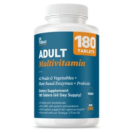 Dr. Tobias Adult Multivitamin for Women & Men, Immune Supporting Vitamins from 42 Fruits, Vegetables, Plus Probiotics, Vegan Multivitamins for Men & Women, Non-GMO, 180 Tablets, 60 Servings