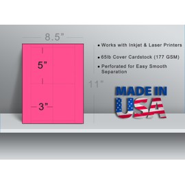65lb Bright Pink Printable Index Cards 3x5 - Index Card Sheets for Inkjet & Laser Printers - Perforated cards 4 per page - 25 Sheets / 100 Index Cards