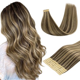 DOORES Tape in Hair Extensions Real Human Hair, Chocolate Brown Highlight Caramel Blonde 20pcs 50g 18 Inch, Tape in Hair Extensions Invisible Hair Tape in Remy Straight Hair