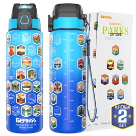 National Parks Water Bottle with 63 Waterproof Stickers & Carry Strap, Durable Plastic Water Bottle 32oz Hiking Water Bottles for Travel, Camping, Gifts for Kids, Men, Women Tritan, BPA Free
