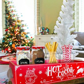 Ushinemi Hot Cocoa Bar Wood Storage Box, Hot Cocoa Bar Supplies Cute Christmas Wooden Storage Bins Decorative, Cocoa Bar Table Organizer Xmas Decor for Home Kitchen Office Farmhouse, Red