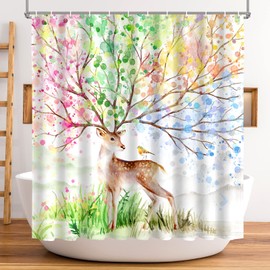Cortina de ducha de árbol, cortina de ducha colorida, juego de cortinas de ducha de ciervos para baño con 12 ganchos, tela decorativa de poliéster, lavable a máquina, impermeable, divertida, moderna, decoración de cortina de baño