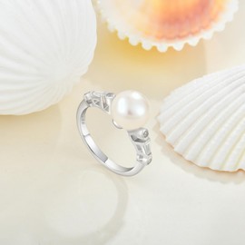 FATACI Pearl Ring,925 Sterling Silver Cubic Zirconia Rings with 9MM Pearl for Women Wedding Engagement promise rings for her Size 7