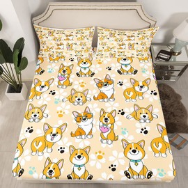 Homewish Cute Corgi Fitted Sheet Twin Size,Cartoon Dog Paw Bedding Set 2pcs for Kids Teens Boys Girls Room Decor,Pets Dog Bed Cover Kawaii Yellow Bed Sheet 1 Pillowcase(No Flat Sheet)
