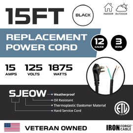 Iron Forge Cable Coiled Extension Cord Replacement 15 ft - 12 Gauge 15 Amp Heavy Duty Power Extension Cords - SJEOW Oil Resistant & Flat Plug Cord Replacement 3 Prong Retracting Coil Cord - Black