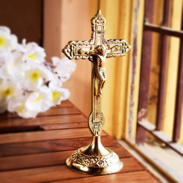 Hashcart Brass Catholic Crucifix Cross With Stand - Brass Jesus Christ Statue - Christian Decor, Jesus Decor for Home, Office, Church |