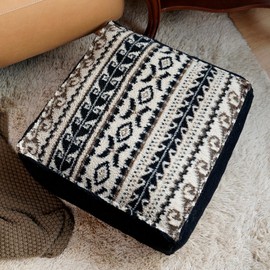 Artbloss Unstuffed Pouf Cover Ottoman Footrest Soft Touch Foot Stool Floor Bean Bag Floor Chair Storage for Living Room Bedroom Home Decor (Black Boho, Square)