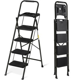 SEGAWE Step Ladder 4 Step Folding Black 330 Lbs Max Load Ladder Folding W/ Work Tray