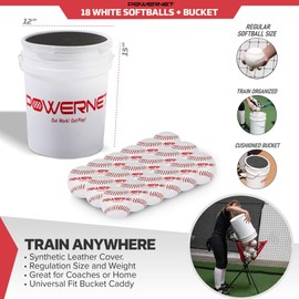 PowerNet Cushioned Bucket and Practice Softball Bundle | 18 White Colored Softballs and Bucket | Perfect for Softball Soft Toss, Batting, Fielding, Hitting, Pitching Drills or Practice