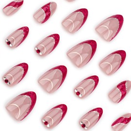 Press on Almond Nails Short Length Glossy Full Cover Acrylic Almond Shaped False Nails with Designs Artificial Almond Fake Nails with Charms Glue Stick on Fingernails for Women Girls(JP3552)