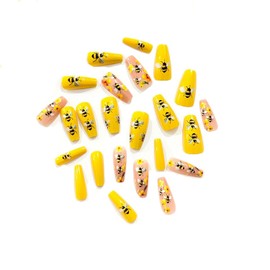 Flower Press on Nails Medium Square Nails Press ons Spring Yellow Fake Nails with Bumblebee Design Glue on Nails Glossy Floral False Nails Full Cover Acrylic Stick on Nails for Women 24Pcs