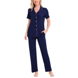 SWOMOG Women Pajama Sets Two-Piece Nightwear Short Sleeve Sleepwear Button Down Pj Lounge Sets with Long Pants Navy Blue