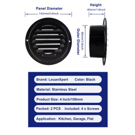 4 Inch Black Soffit Vent Cover, Louanxpert Stainless Steel Round Air Vent Cover Wall Vent Cover Built-in Fine Mesh Grille for Bathroom, Home Office, Kitchen
