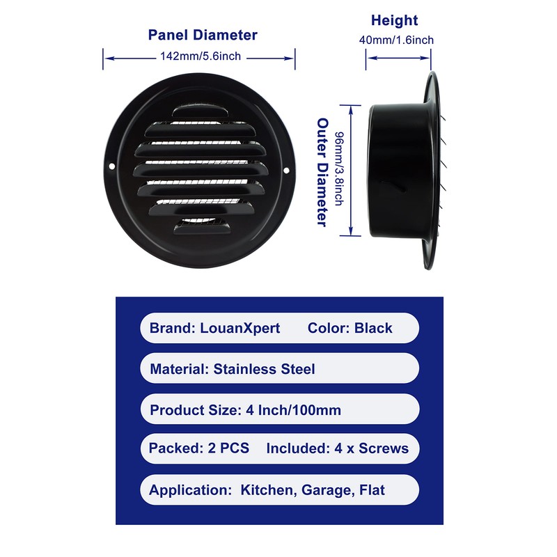 4 Inch Black Soffit Vent Cover, Louanxpert Stainless Steel Round