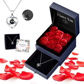 Conjunto Collar Rosa Eterna, 9 Flores de Rosa Preservada con Collar en 100 Idiomas'I Love You', Regalo de Día de La Madre, Cumpleaños, Aniversario, Regalo para Mamá, Esposa, Novia, Mujer