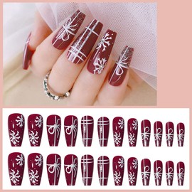 24 Pcs Snowflake Press on Nails Medium Christmas Fake Nails Full Cover Red Glossy Acrylic Nails with Sliver Glitter Design Glue on Nails Pearl Rhinestones Stick on Nails Coffin False Nails for Women