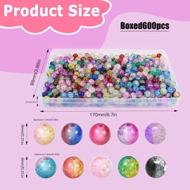 GZhaizhuan 600 Pieces Glass Beads Crackle, 8 mm Colourful Beads, Round Craft Beads with Holes for Jewellery Making & DIY Craft Decor (10 Colours)