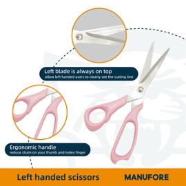 MANUFORE Left-Handed Sewing Tool Kit -8.5in Lefty Fabric Scissors, 4.5in Thread Trimmers, Rotary Cutter with 3 Replacement Blades - Pink Set for Quilters, Crafters, and DIY Projects