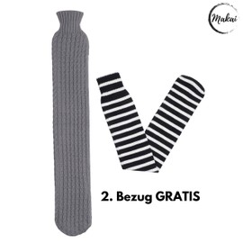 Makai Premium Hot Water Bottle Extra Long Hose with Knitted Cover for Stomach Feet Back Neck for Relaxing 2 Litre Heat Cushion Cuddly German Brand with Free Replacement Cover