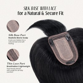 MY-LADY Human Hair Toppers for Women Real Human Hair with Bangs Thin 7 * 13CM Silk Base with Lace 150% Density Clip in Remy Hairpieces 7 Inch Jet Black