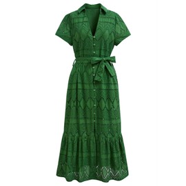 CHICWISH Women Embroidered Eyelet Frilling Midi Dress Cotton V Neck Button Short Sleeve Flowy Summer Green Dress with Belt